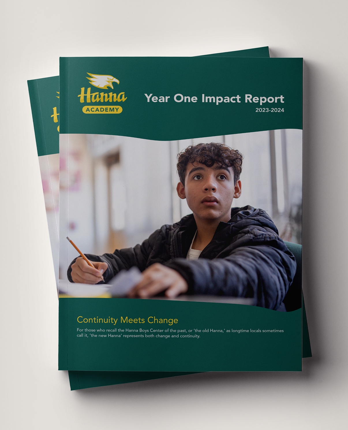 Hanna Academy Year One Impact Report cover with student photo.