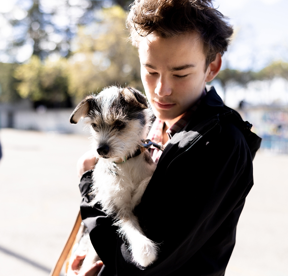 Student holding a small dog outside.